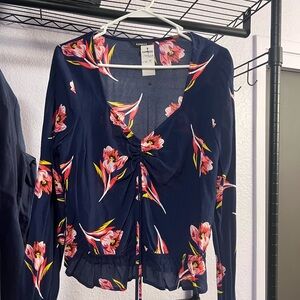 Express Navy and Pink Floral Blouse